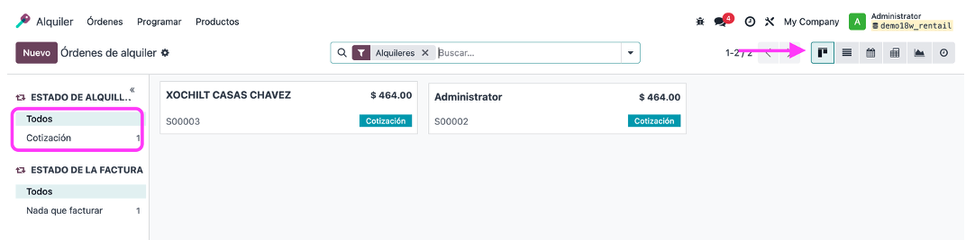Vista Kanban con todas las órdenes de alquiler