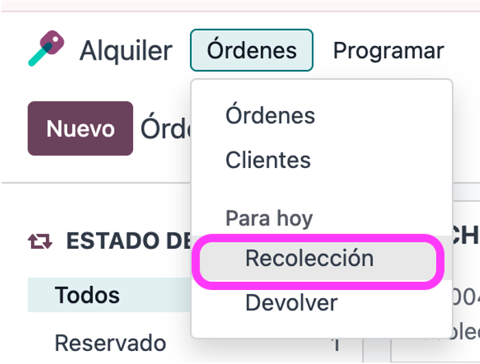 Menú Órdenes con la opción Recolección
