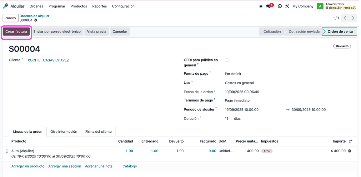 Factura generada desde la orden de alquiler