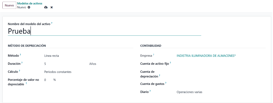 Configuración de un modelo de activo con sus parámetros