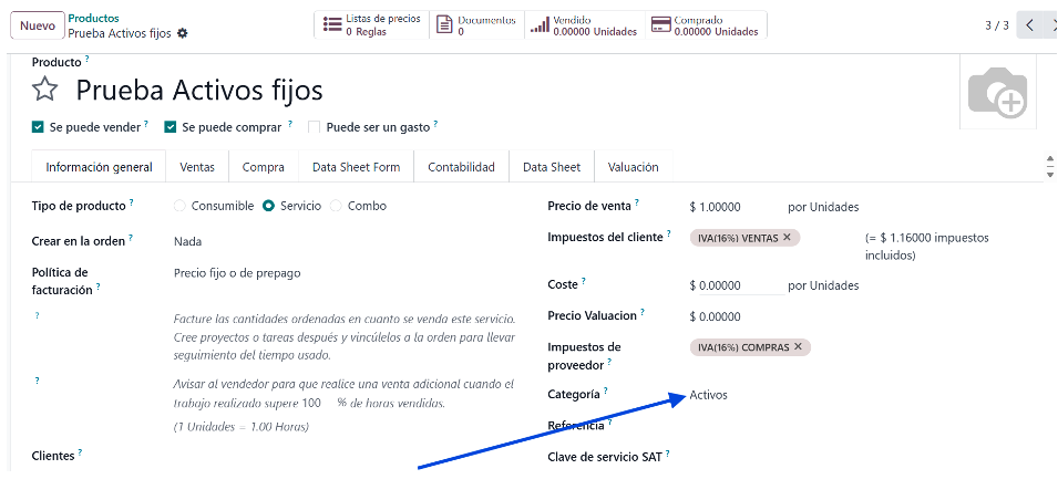 Producto en factura con categoría configurada para activos
