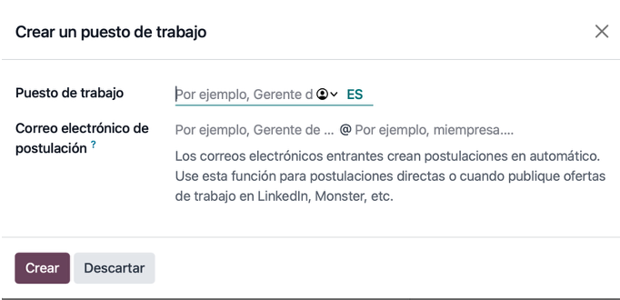 Pantalla para crear un nuevo puesto con nombre y correo