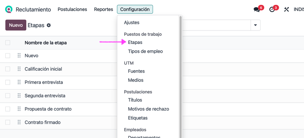 Configuración de las etapas del proceso de reclutamiento