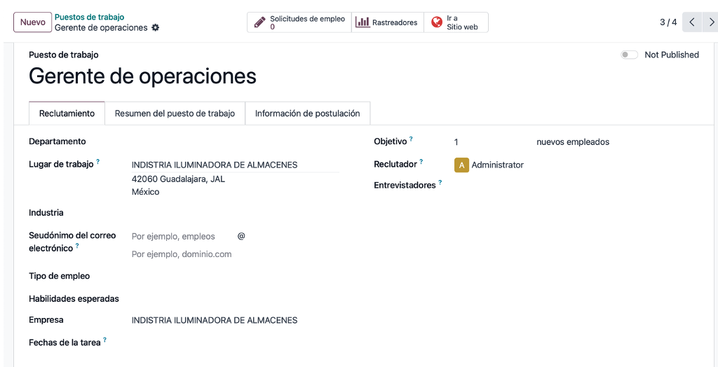 Pestaña de datos principales del puesto