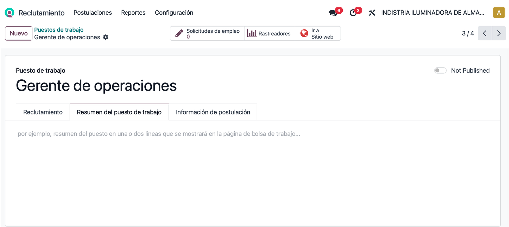 Pestaña con la descripción breve del empleo
