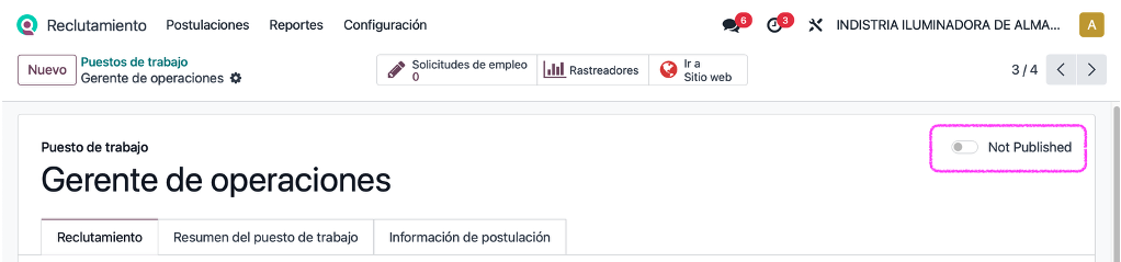 Botón Publicar / No publicado en el listado de puestos