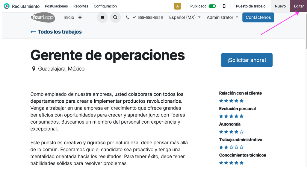 Edición visual del anuncio de empleo desde el sitio web