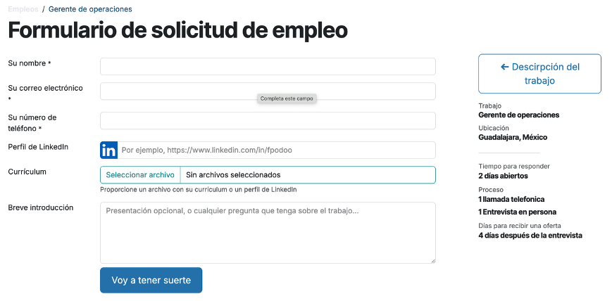 Formulario de aplicación que llena el candidato