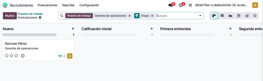 Panel kanban con todas las postulaciones organizadas por etapa
