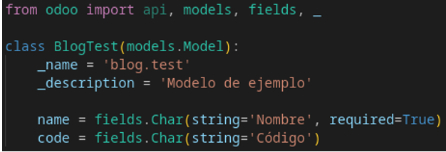 Definición del modelo blog.test en Python