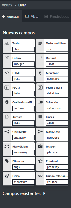Pantalla de campos en Studio con el panel lateral activo
