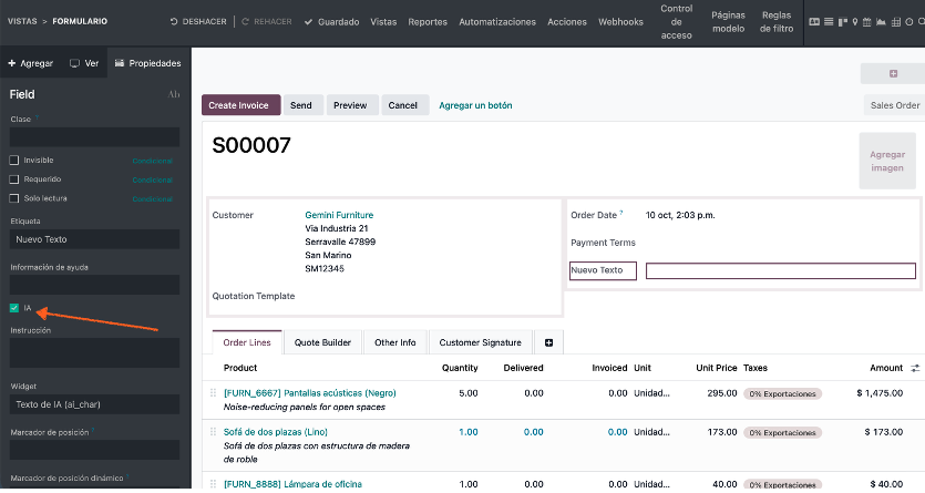 Selección del tipo de campo IA en Odoo Studio