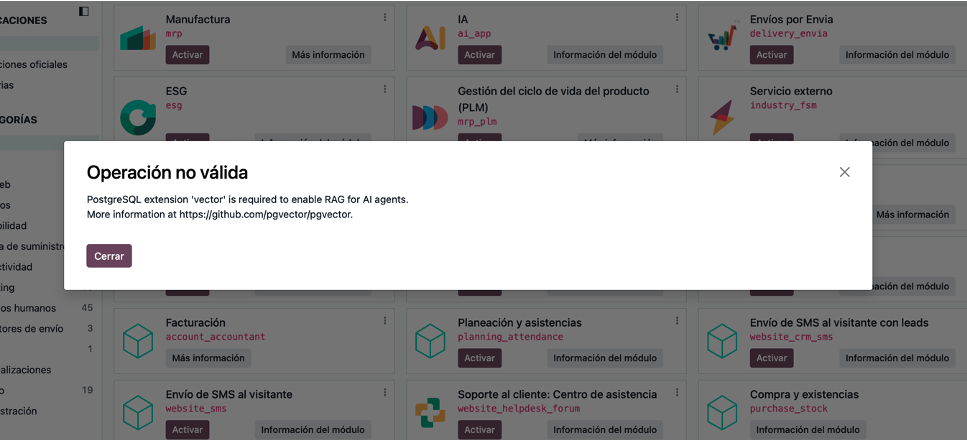 Error al intentar instalar el módulo de IA por falta de pgvector