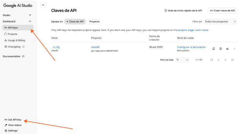 Apartado API Keys en Google AI Studio