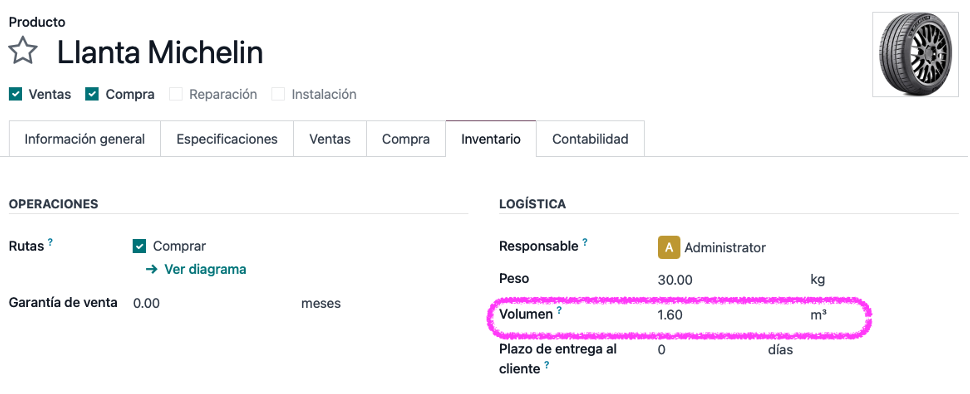 Configuración del volumen del producto en su ficha
