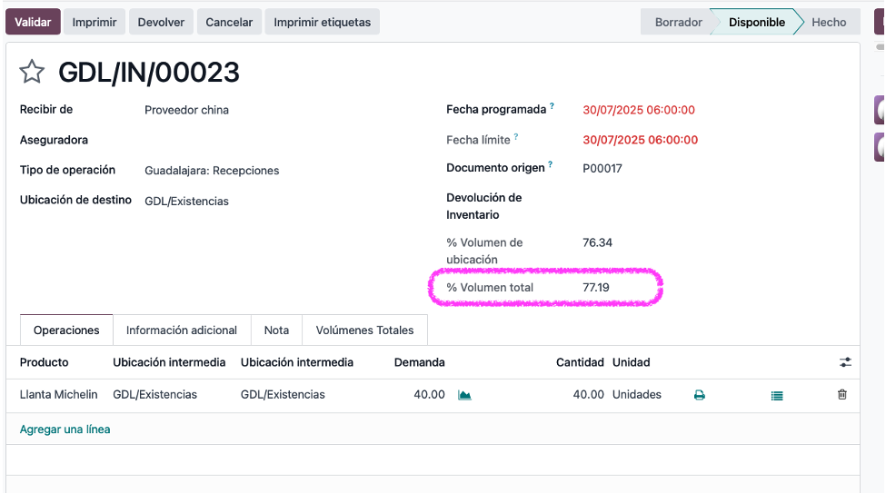 Movimiento de almacén mostrando el volumen ocupado de la ubicación destino