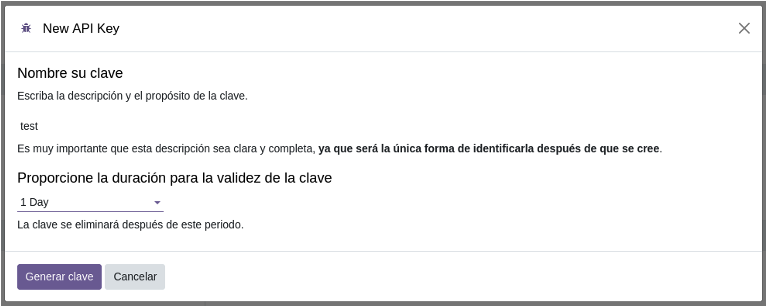 Formulario para crear una nueva clave API con descripción y duración