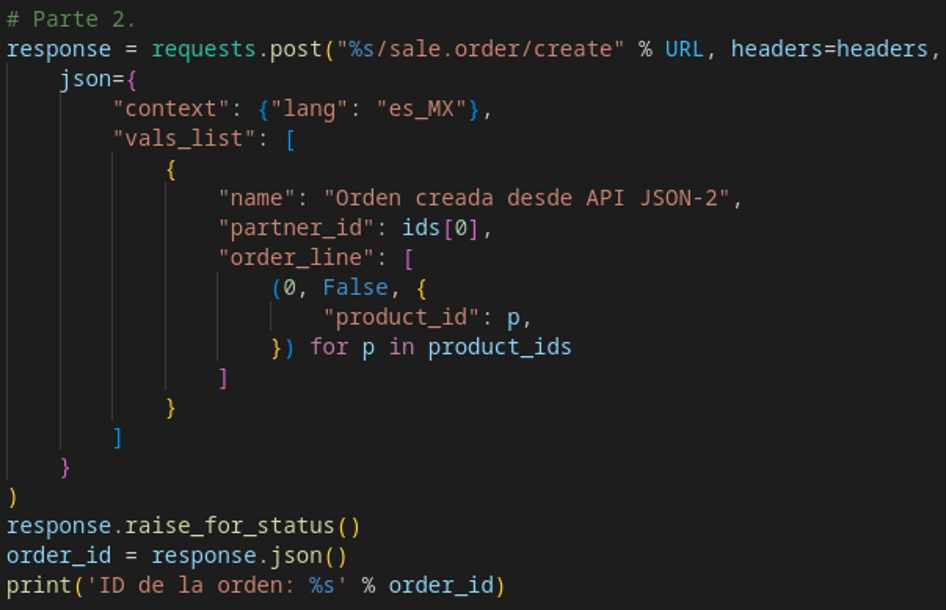 Código del script que crea la venta con sus líneas