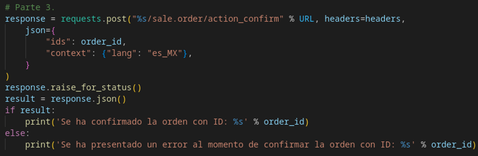 Código que confirma la venta vía action_confirm