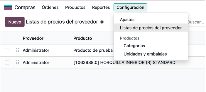 Listado de precios de proveedor en Odoo 19