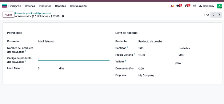 Detalle de una lista de precios con campos clave