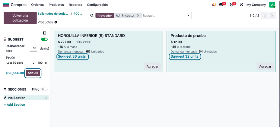 Botón Add All para añadir todos los productos sugeridos a la cotización