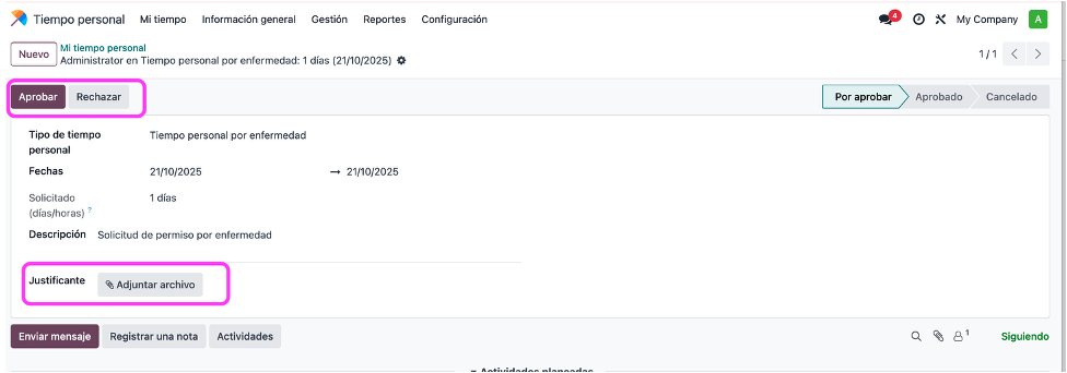 Vista del aprobador con botones Aprobar / Rechazar