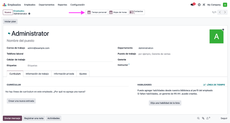Ficha del empleado con su historial de tiempo personal