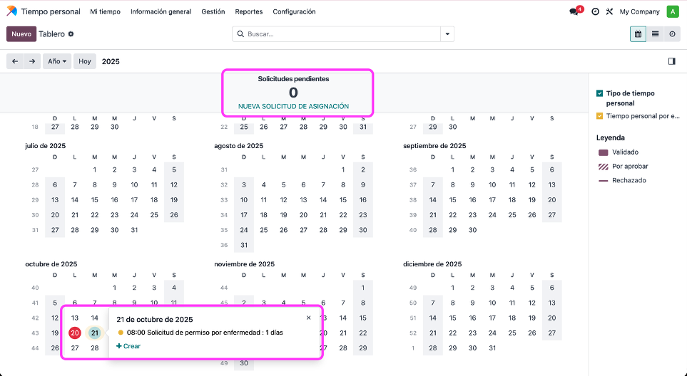 Calendario con solicitudes pendientes y aprobadas marcadas