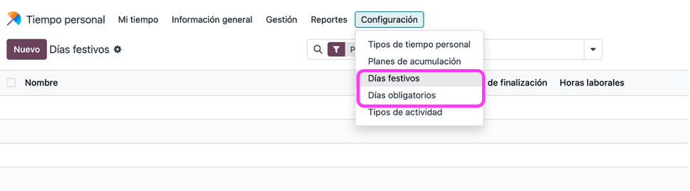 Configuración de días festivos