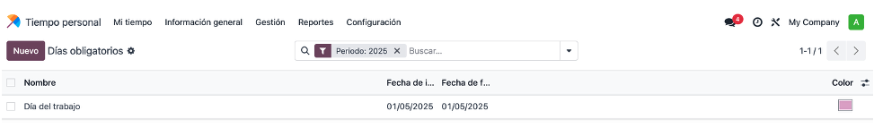 Configuración de días obligatorios