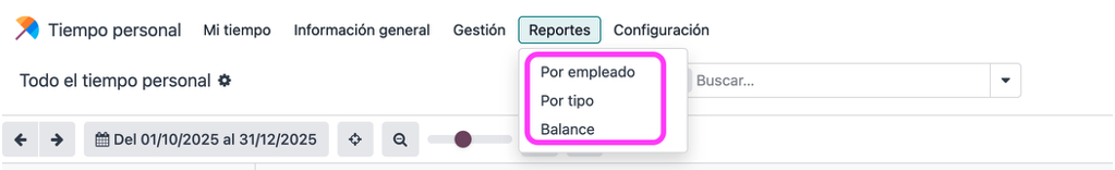 Reporte de vacaciones / tiempo personal con cortes por área y período