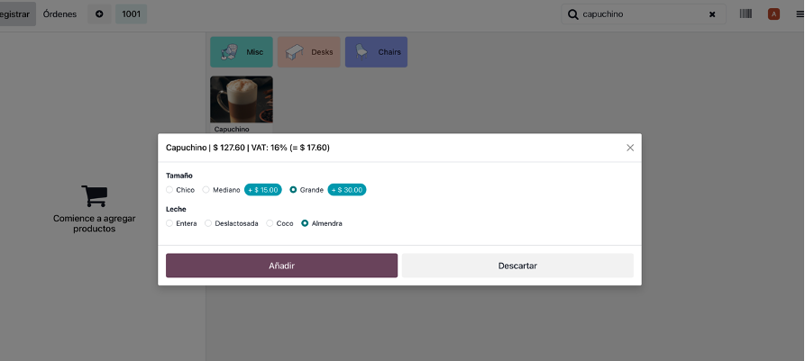 Selector de variante al añadir el capuchino al ticket