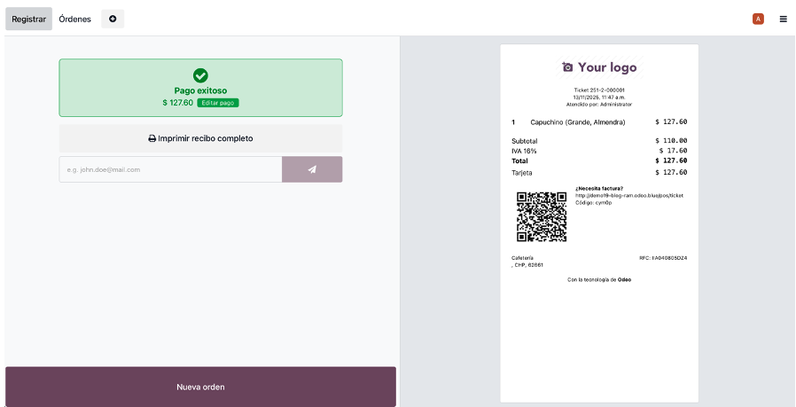 Capuchino añadido al ticket y listo para pagar
