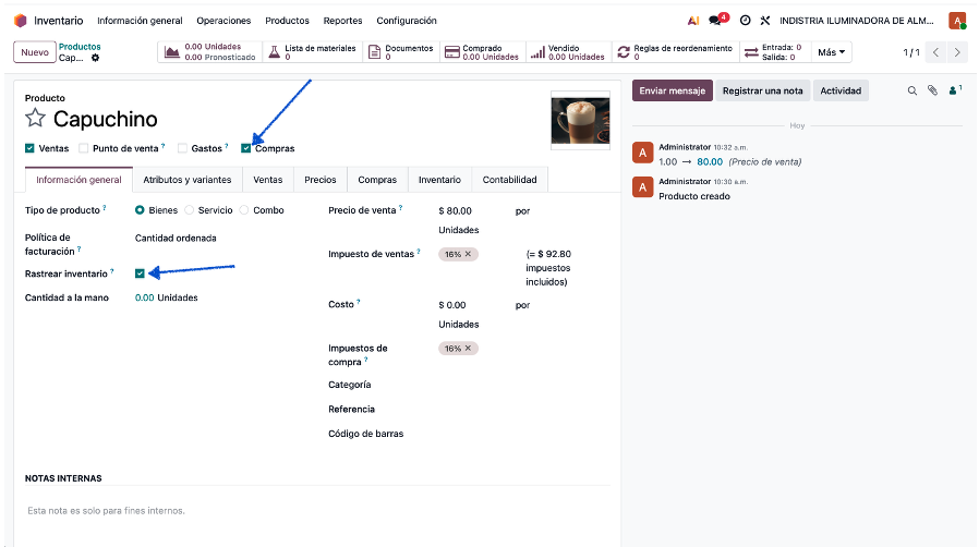 Producto compuesto con Compras y Rastrear inventario desactivados