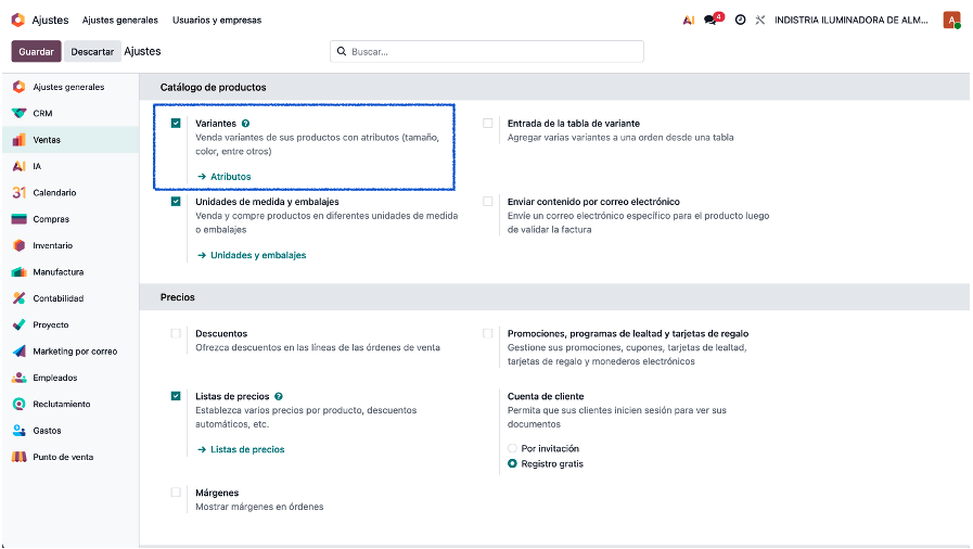 Activación de Variantes en la configuración de Ventas