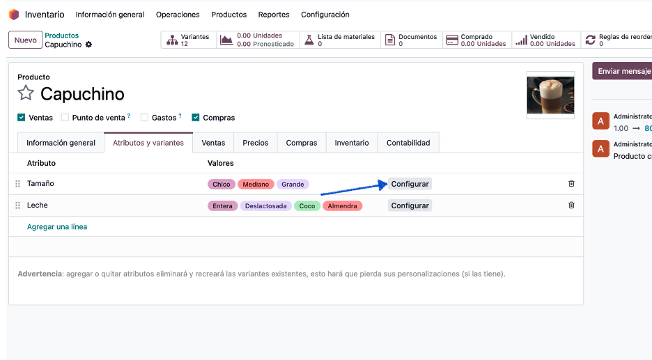 Botón Configurar habilitado para definir precios extra