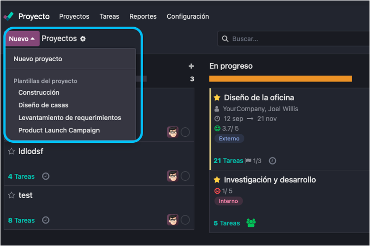 Botón de creación con acceso a plantillas