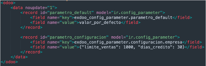 Archivo XML declarando un ir.config_parameter como dato