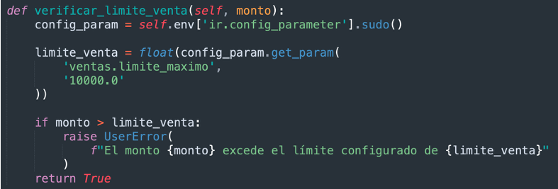 Función Python que obtiene el parámetro y valida el monto de la venta