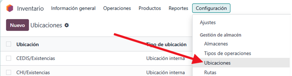 Ubicaciones internas, tránsito, proveedores y virtuales