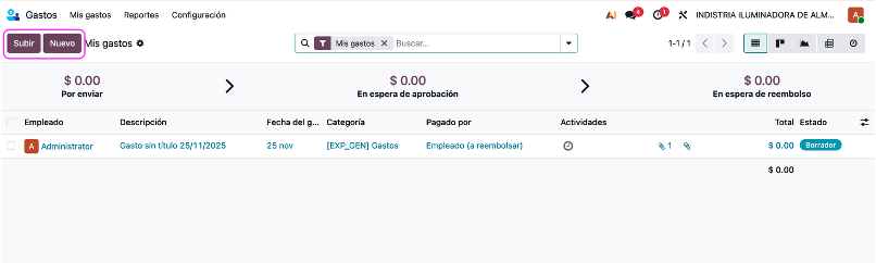 Pantalla principal del módulo Gastos en Odoo 19