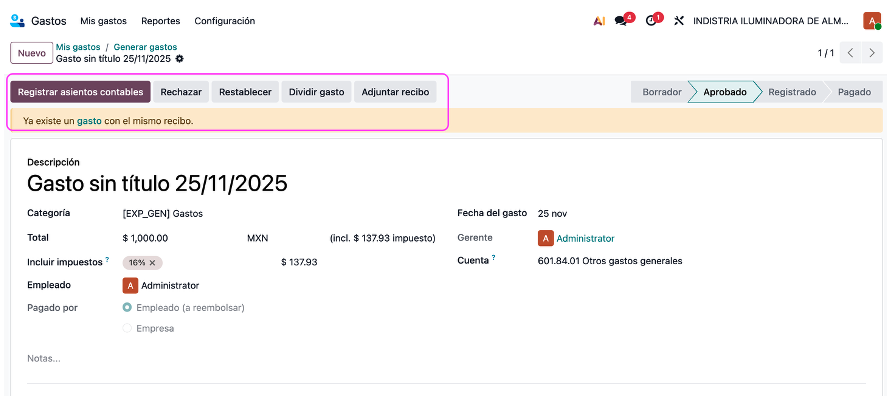 Sistema avisando detección de un comprobante duplicado