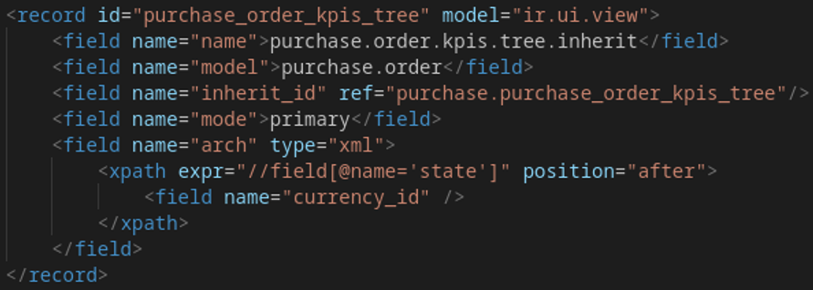 Código XML de la vista heredada con mode primary, agregando columna Moneda