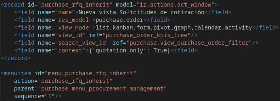 Código XML de la acción y el menú que invocan a la vista primaria