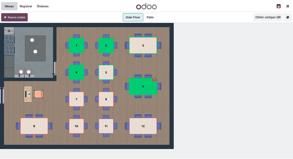 Diagrama del salón con estado visual de las mesas