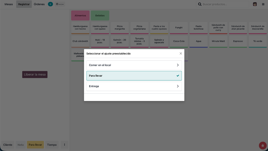 Selector con las opciones de presets disponibles