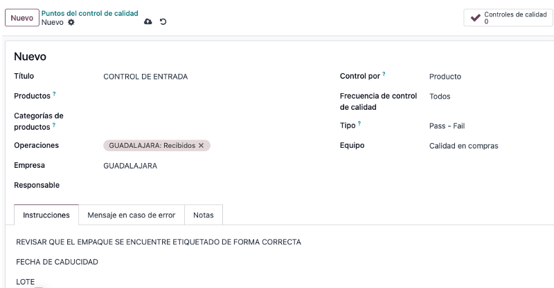 Configuración de un punto de control en Calidad
