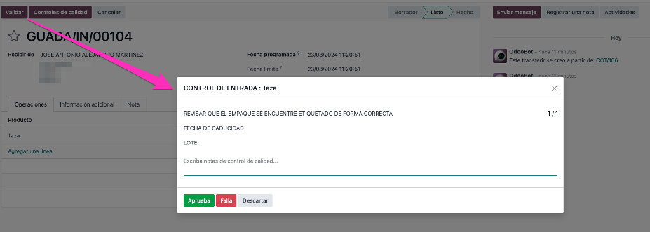 Asistente con la verificación de calidad y botones Aprobado / Fallido