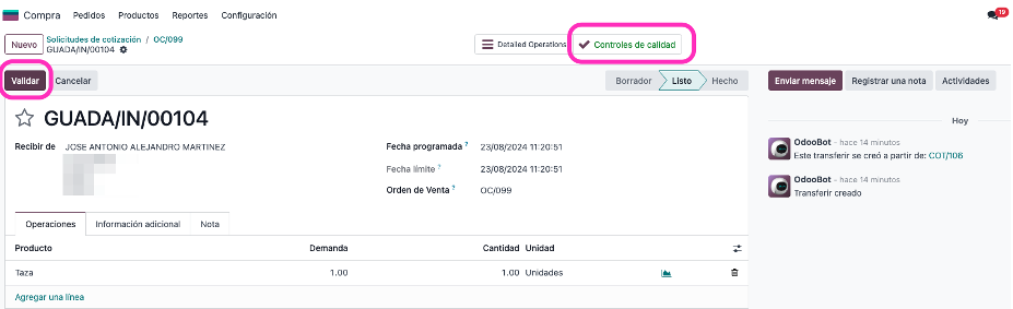 Pantalla de confirmación tras aprobar un control de calidad